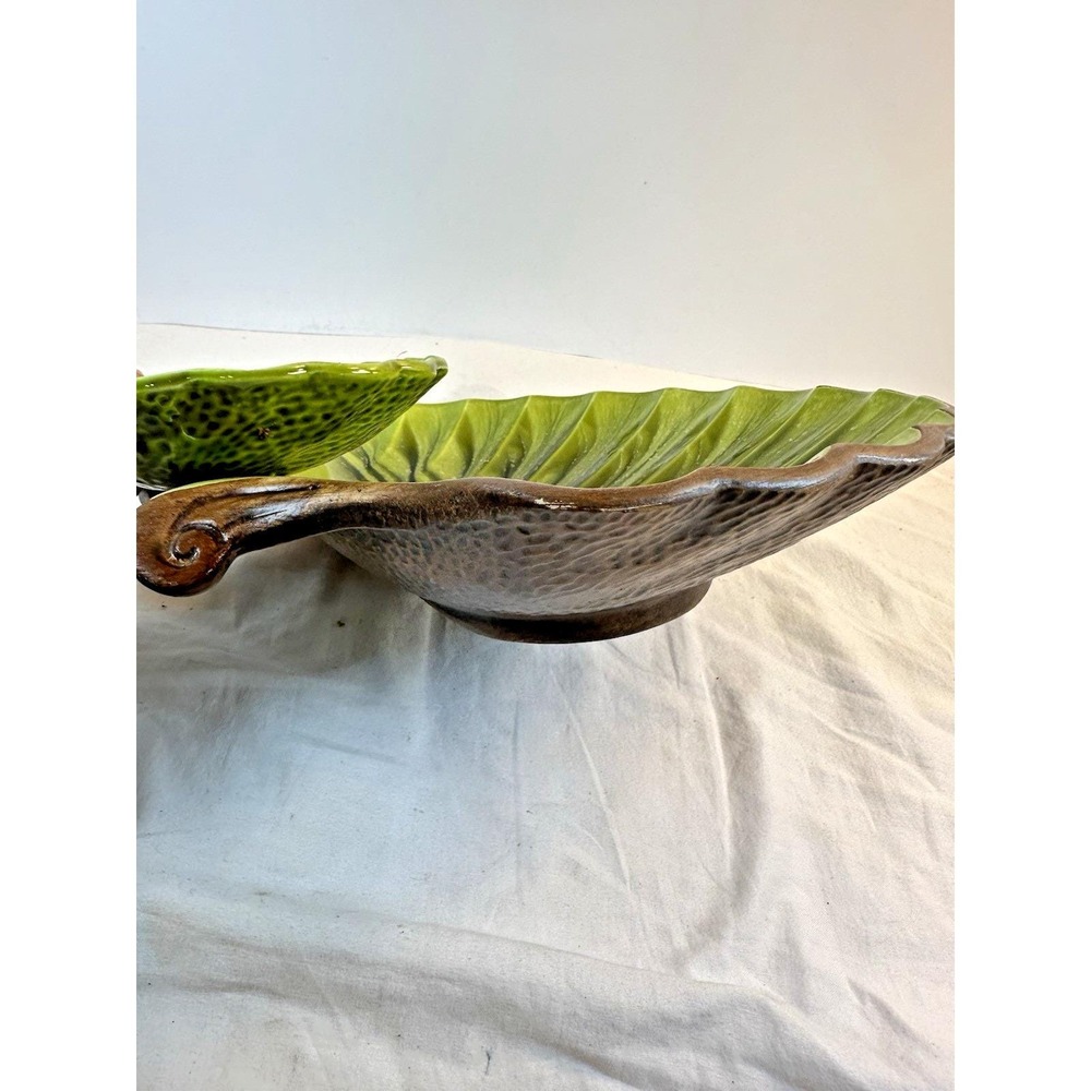 Vintage Treasure Craft MCM Green Clam Shell Chip/Dip Bowl Set 2-Tier Drip Glaze - Picture 9 of 13